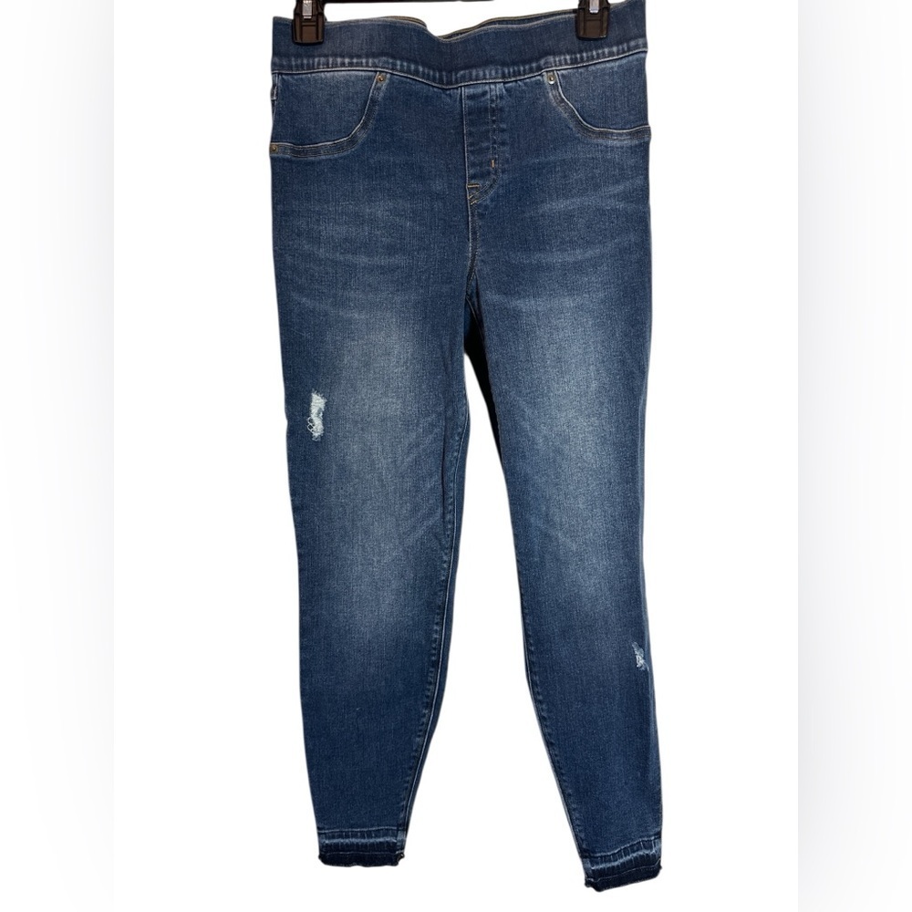 Spanx Size Med PETITE Blue Jean Jeggings Skinny Stretch Distressed Raw Hem